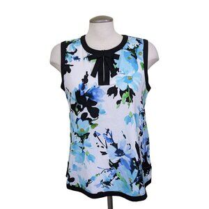 Karl Lagerfeld Paris Sleeveless Top Womens Size M Blue Floral Blouse Neck Bow